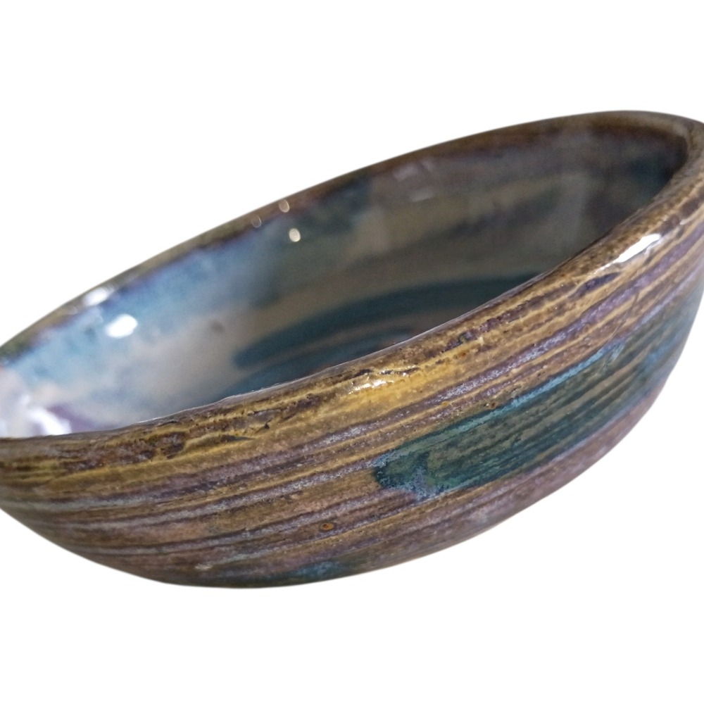 Signed‎ Studio Pottery Hand Thrown Glazed Stoneware Bowl Blue Purple Brown 5.5"